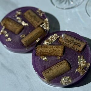Set of 2 handmade Purple Resin Coasters with Wine Corks and yellow gold leaf.
